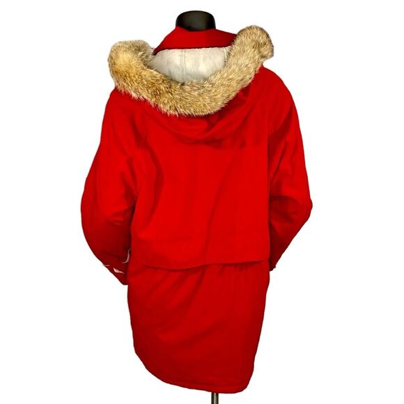 London Fog Womens Fur Hooded Anorak Zip Up Red Coat Snap Button Front Pockets - Picture 3 of 7